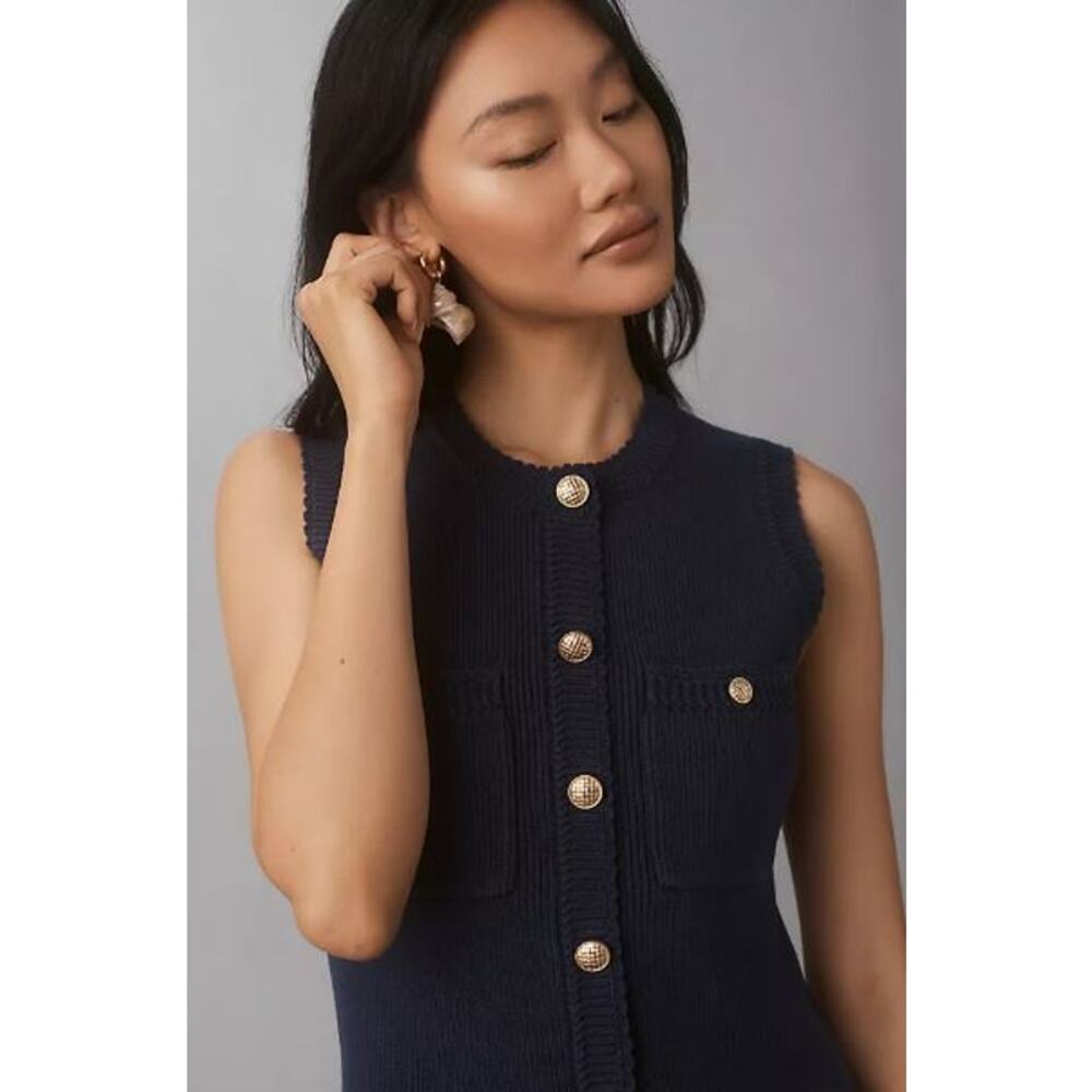 NEW Reformation Catalina Rib Cotton Faux Gold-Tone Button Mini Dress Navy Large - Picture 10 of 13